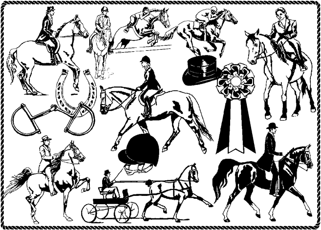 English Clipart Volume 4 by Horse Feathers Graphics. 
Any thing done in an English saddle is probably on this disk, English riders, jumpers, bits, hats, horseshoe, ribbons, gaited horses, carts, race horses, polo and more.